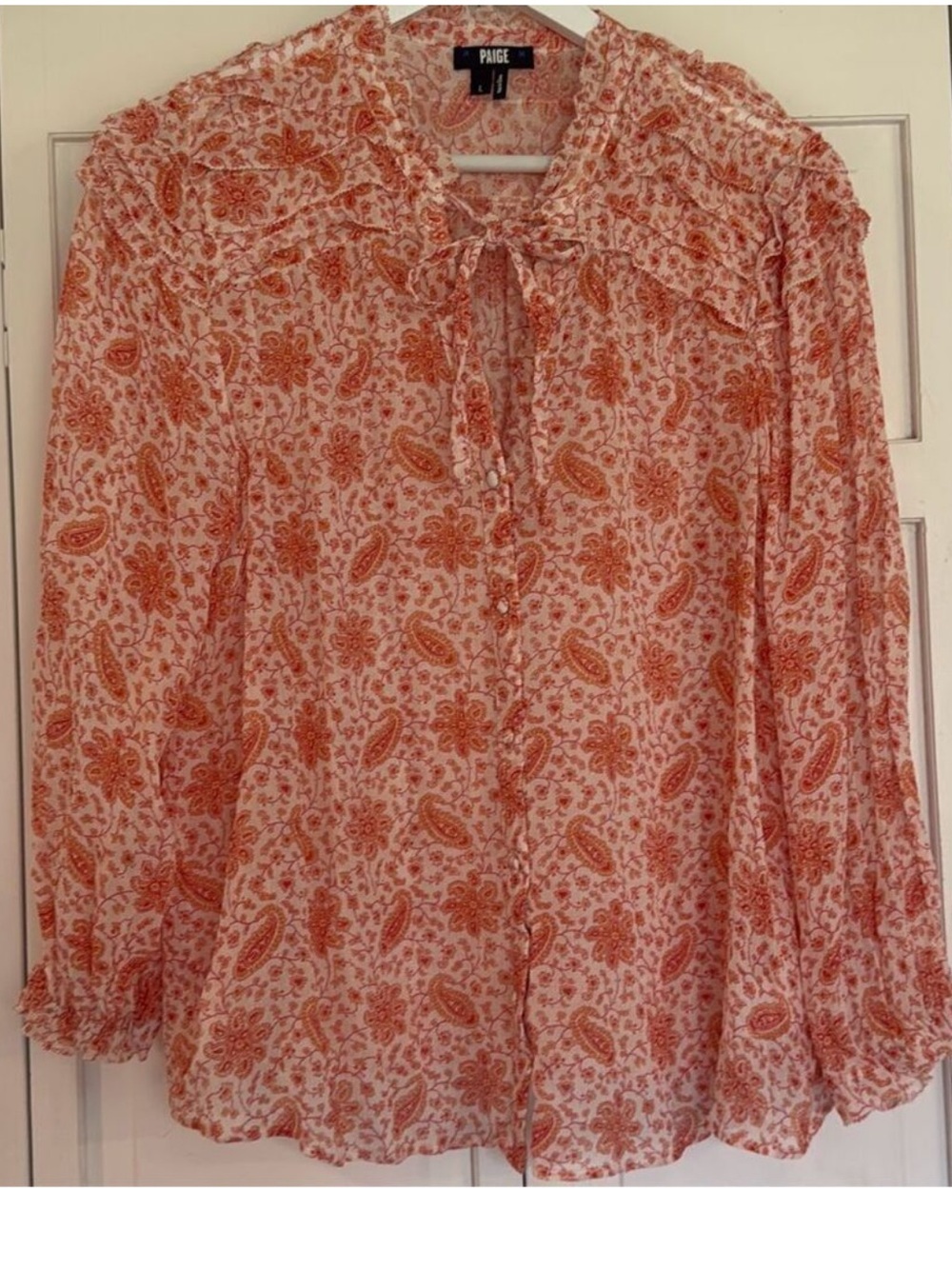 Paige 100% Silk Paisley Ruffle Tie Neck Blouse Size L